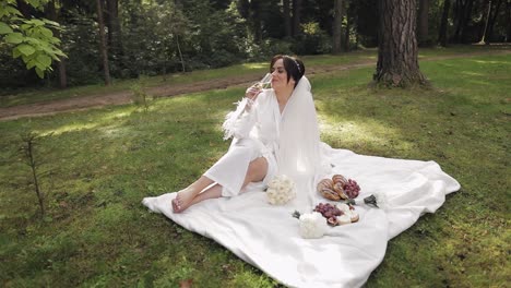 novia en vestido de boudoir sentada en el jardín de la mañana bebiendo champán mujer en velo de vestido de noche