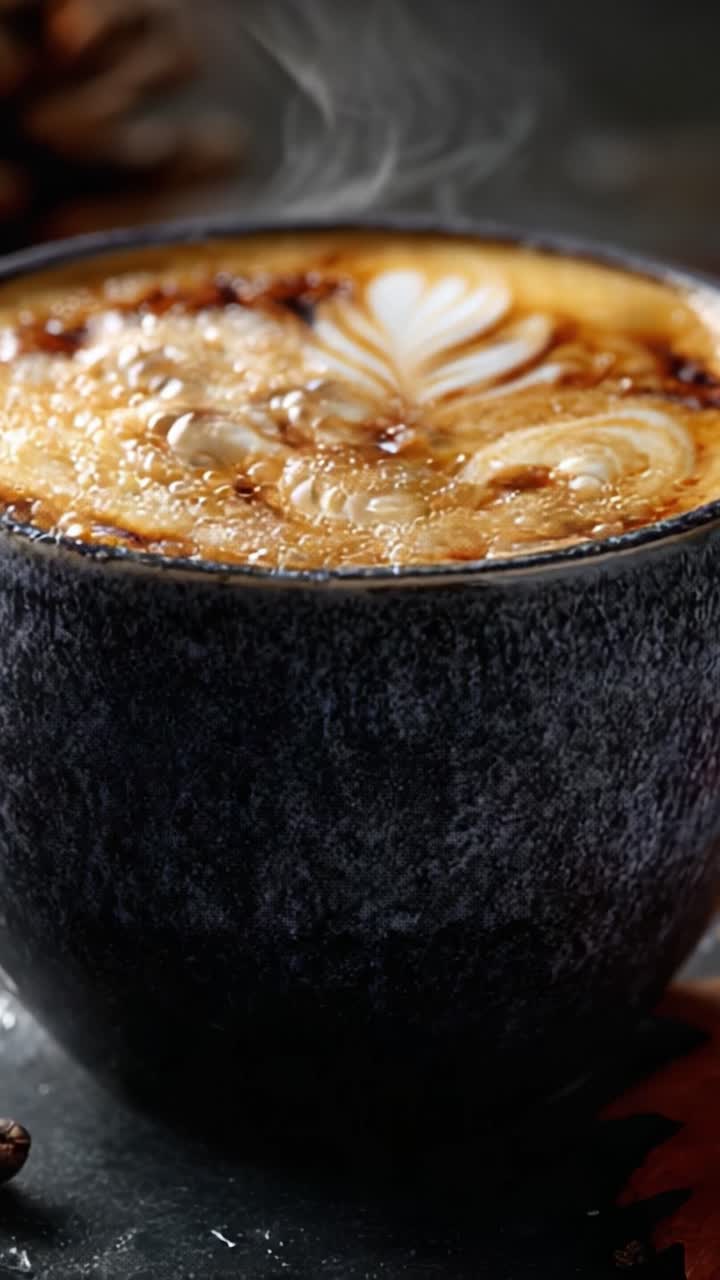 Un primo piano accattivante di un cremoso caffè con una composizione artistica di schiuma in una tazza di gres, fumante e caldo su uno sfondo scuro, ideale per appassionati ed esperti di caffè