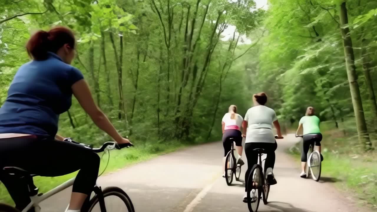 Group of women ride bicycles in a park, pedaling along a scenic forest trail.