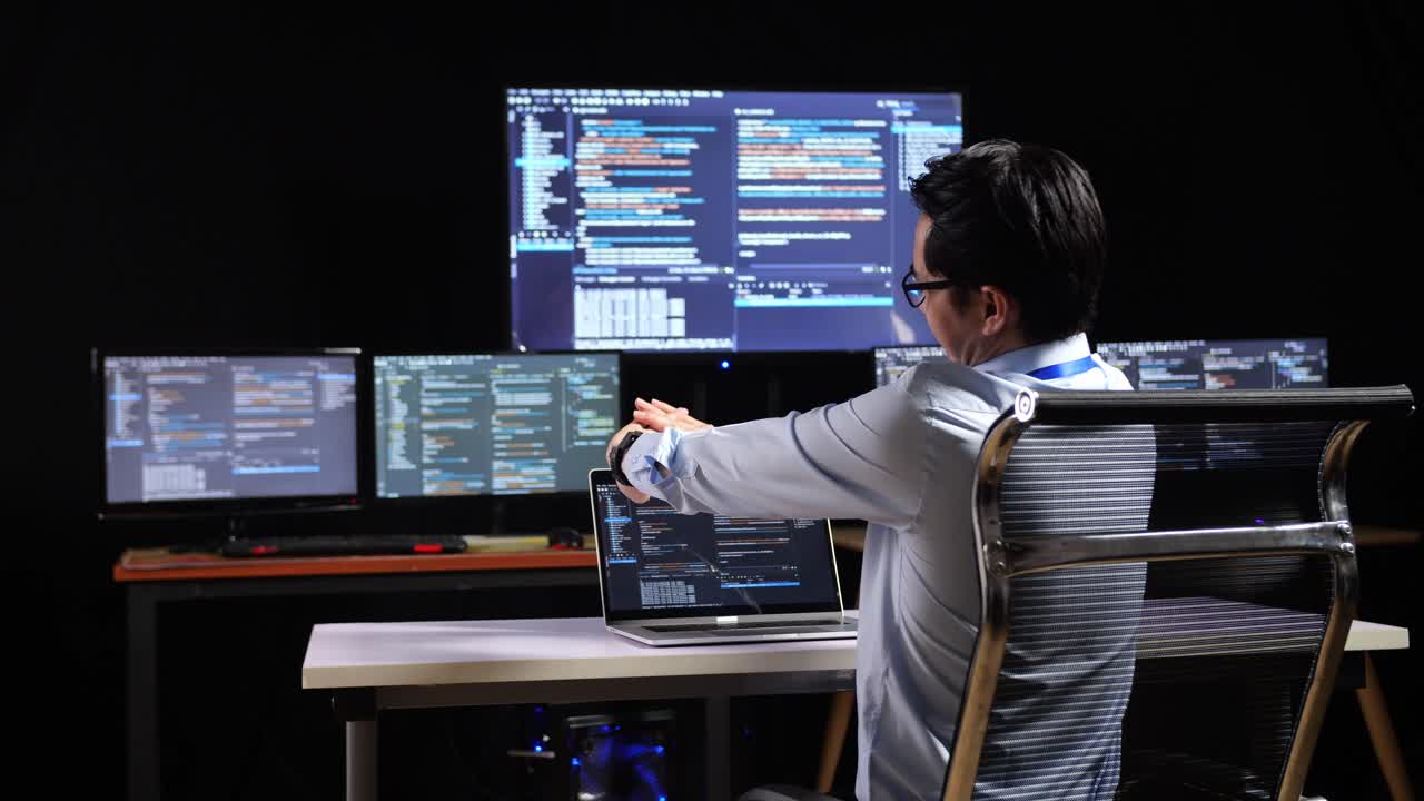 프로그래머가 일하면서 스트레칭을 하고 있습니다.