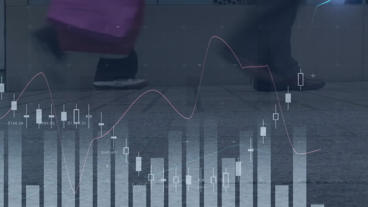 Animation of financial data processing over people crossing street