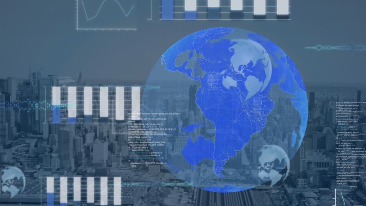 composición del procesamiento de datos en pantallas sobre el mundo y el paisaje urbano