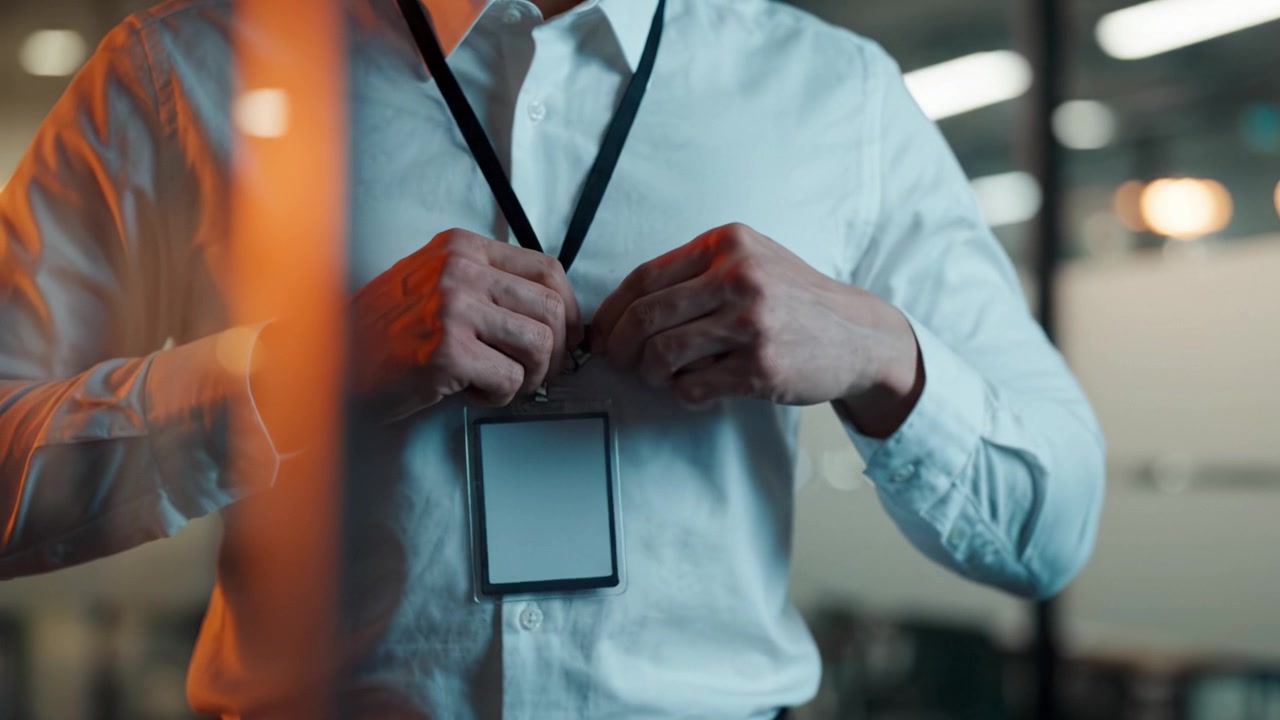Professional Individual with Blank ID Badge in Business Environment, Showcasing Formal Attire and Office Background for Corporate Activities and Networking Opportunities