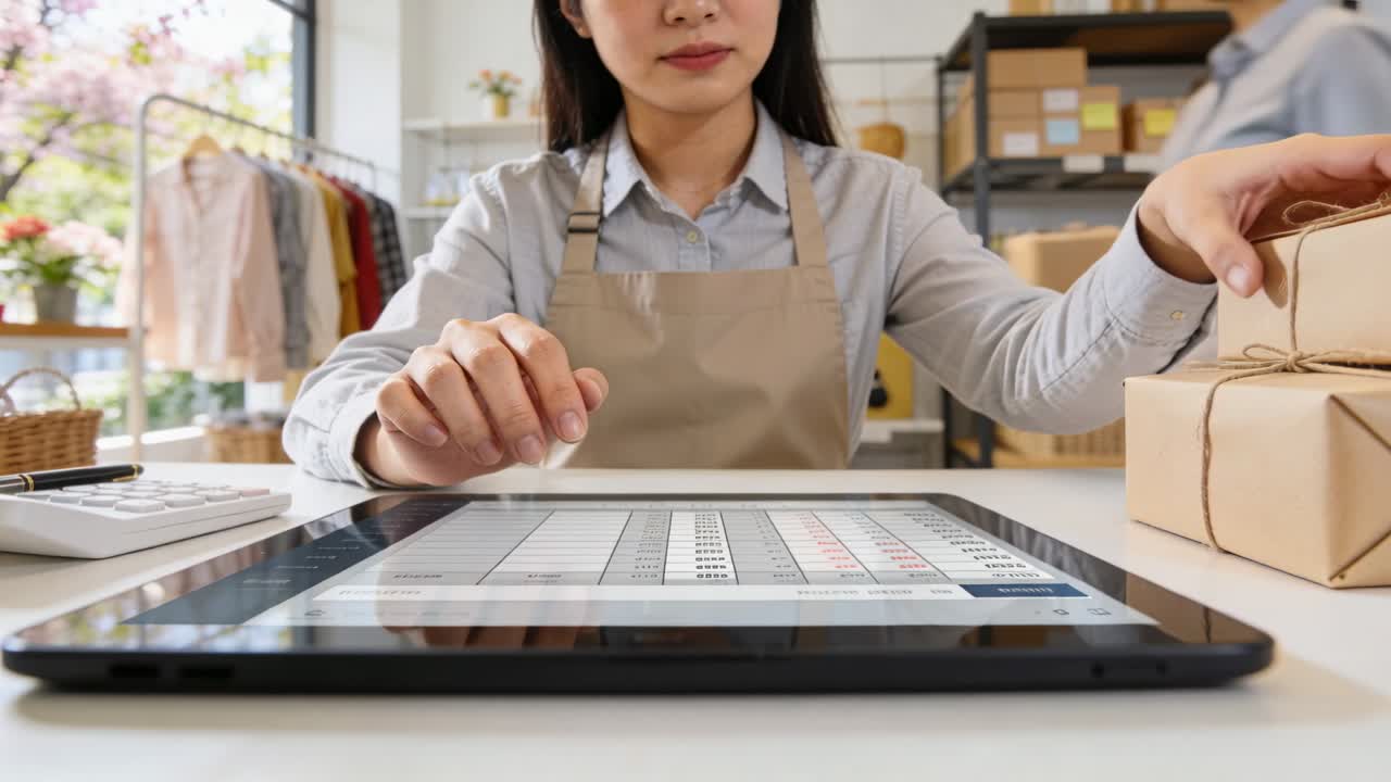カウンターでタブレットを操作し、水色のシャツとベージュのエプロンを身につけたアジア人女性が、荷物の処理と梱包をしている。