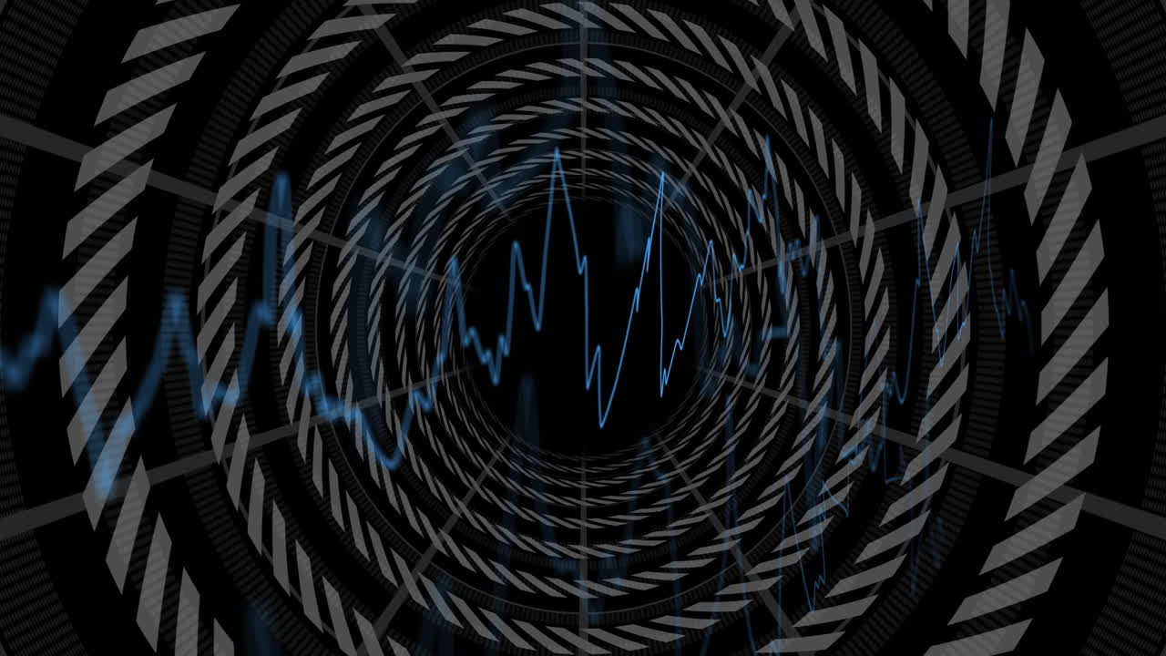 Blue waveform animation over circular geometric patterns in dark abstract design