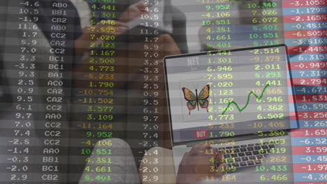 using laptop in school, person viewing butterfly nft with stock market animation