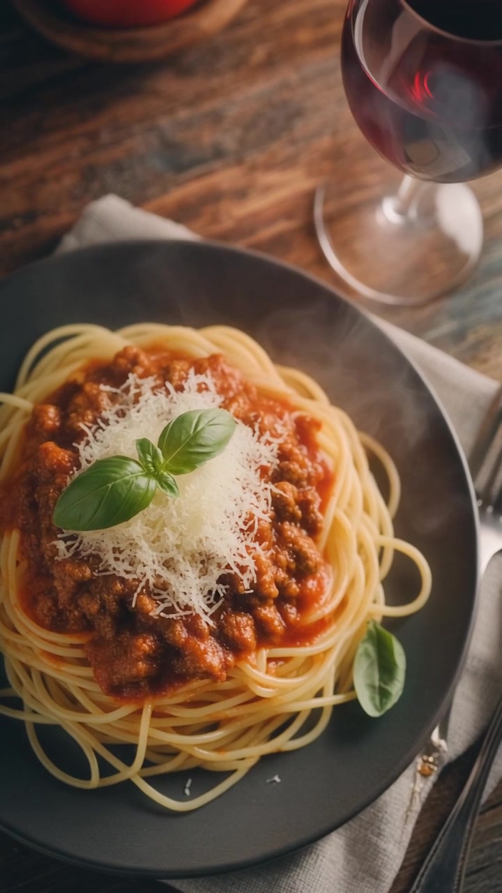 Piatto fumante di spaghetti alla bolognese con vino rosso