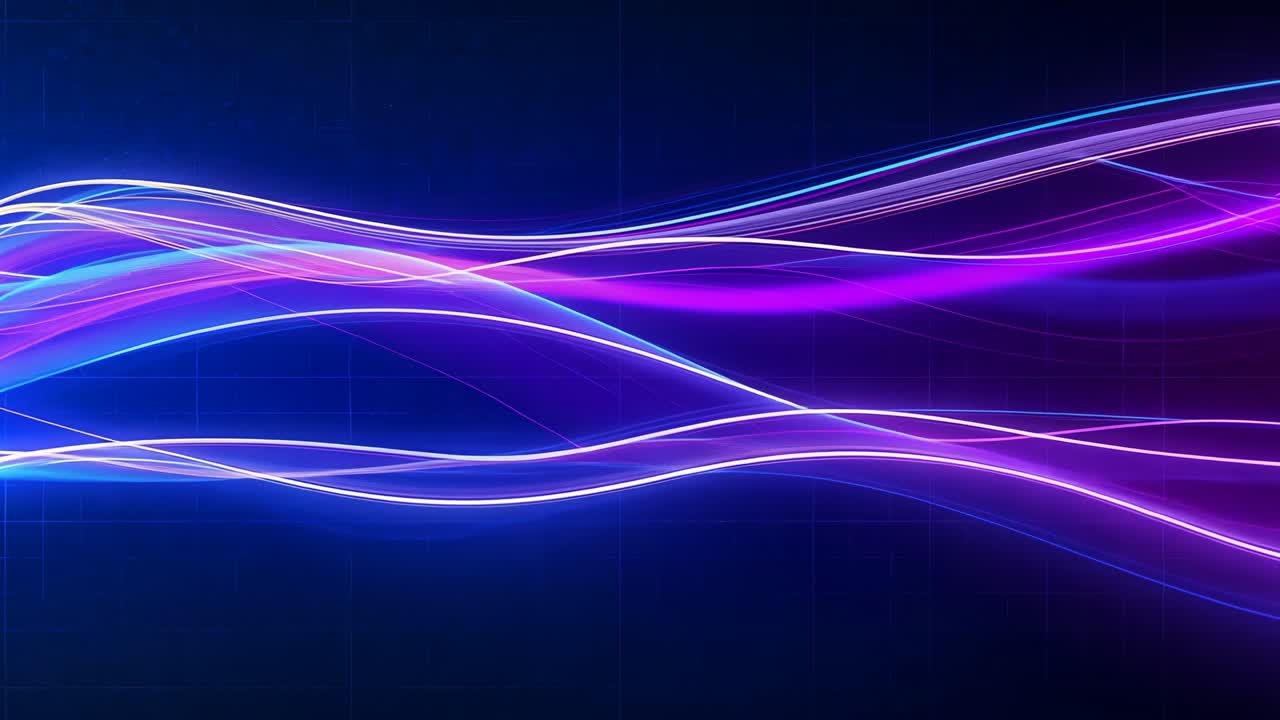 Emerging from left side, luminous waveforms undulating on dark canvas, with drifting particles