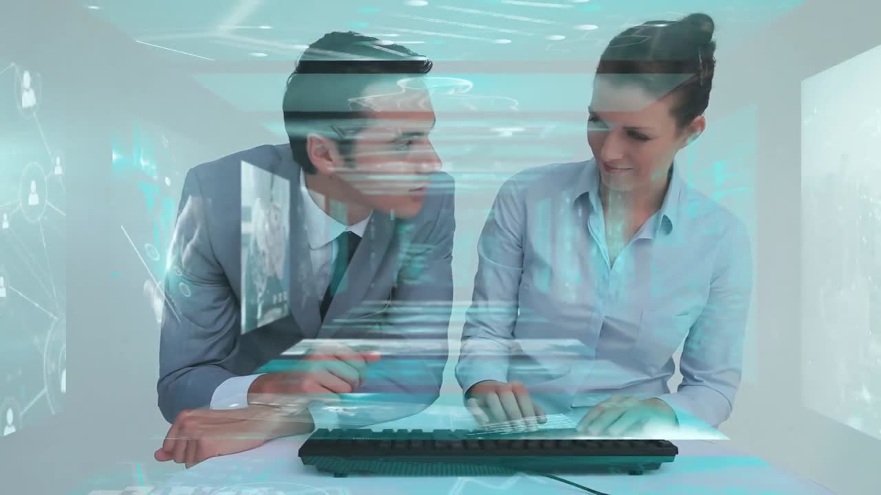 컴퓨터를 사용하는 사업가들에 대한 금융 데이터 처리의 애니메이션