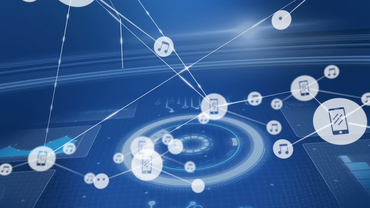 Network of connected devices and music icons, digital communication animation