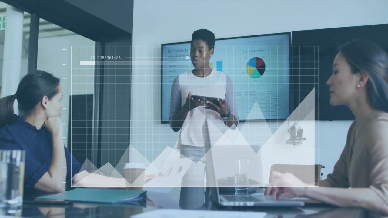 Animation of financial data processing over diverse colleagues discussing work in office