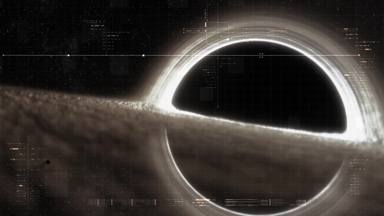 Supermassive black hole event horizon golden accretion disk gravitational lensing, warped spacetime, swirling plasma, deep space stars, cinematic cosmos, astrophysics concept, HUD