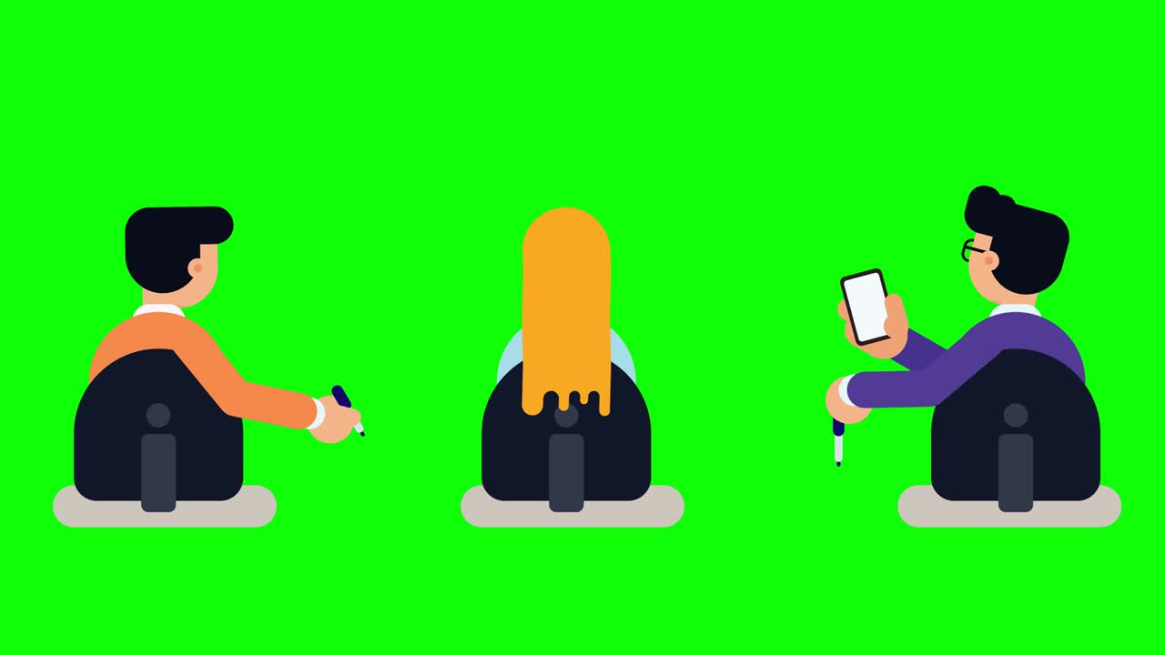 Animation of three character sitting on chair looking towards the presenter.