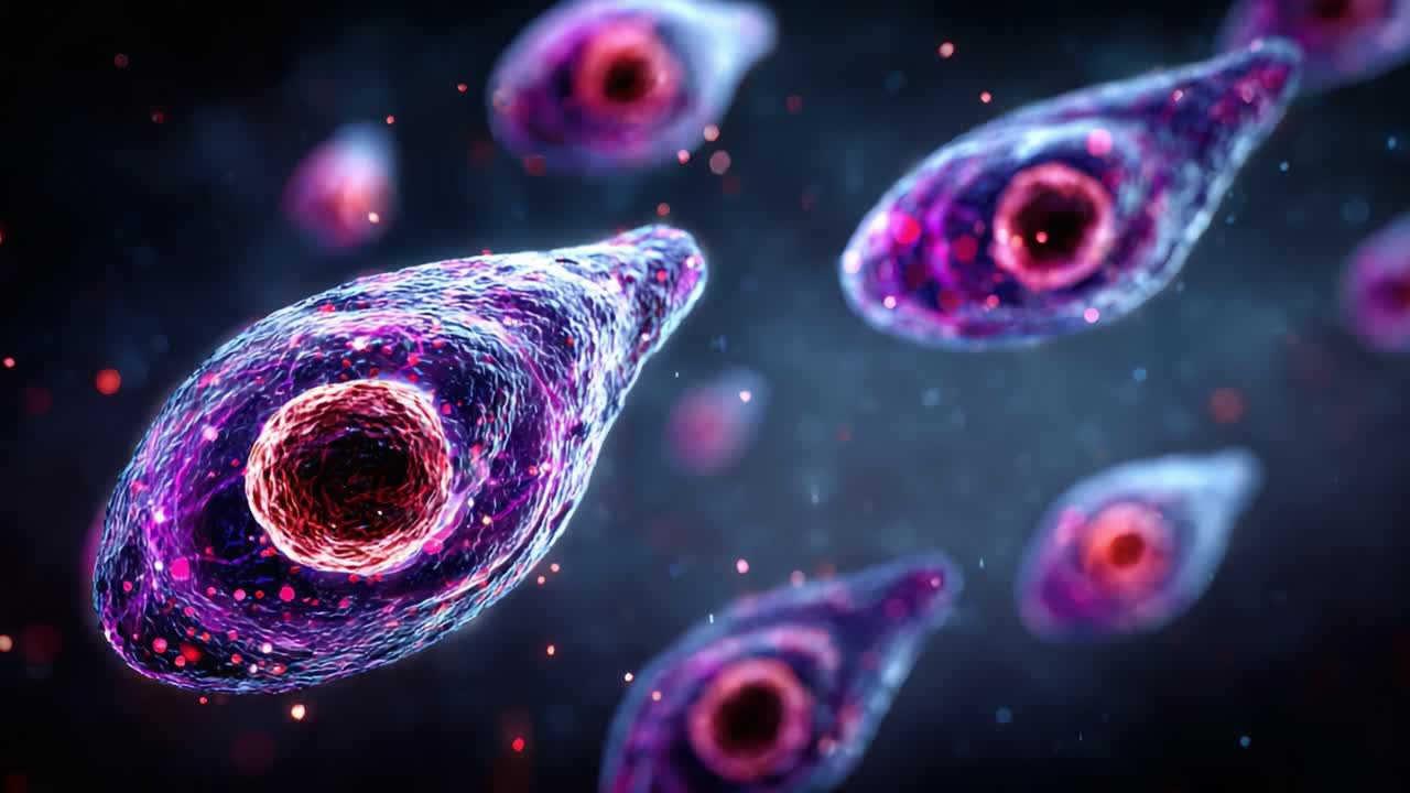 Primi piani di cellule vivaci che illustrano la struttura complessa e le dinamiche dei microrganismi in un ambiente biologico colorato