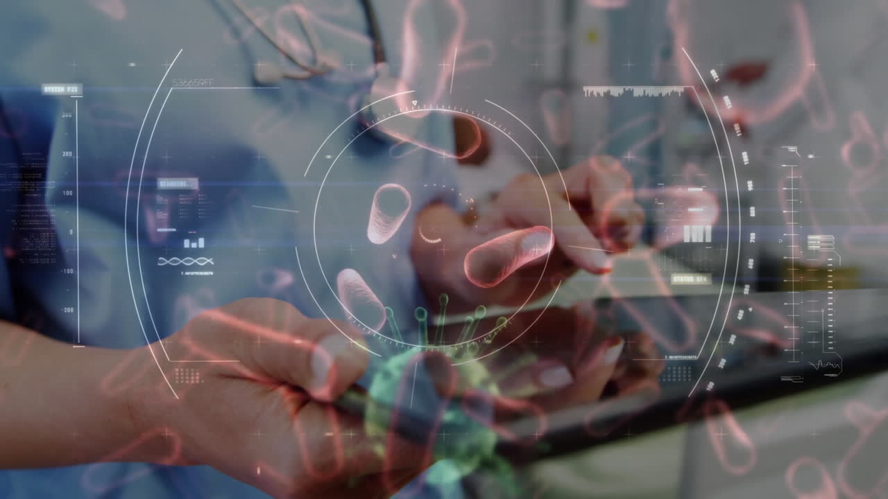 코로나19가 백그라운드에서 디지털 태블릿을 사용하는 의사에게 퍼지고 있습니다.