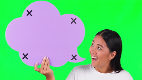 Wow,-green-screen-and-woman-face-with-speech