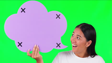 wow, pantalla verde y rostro de mujer con discurso