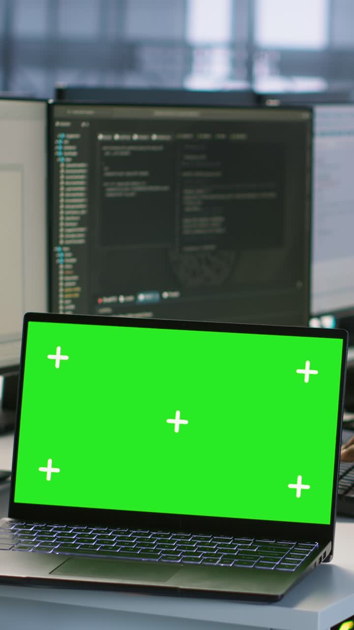 Vertical video Data center technician using chroma key laptop, maintaining company network