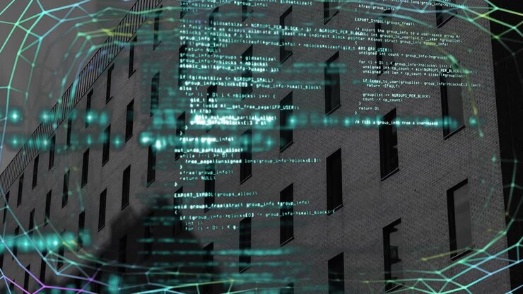 Анимация обработки данных над современным зданием