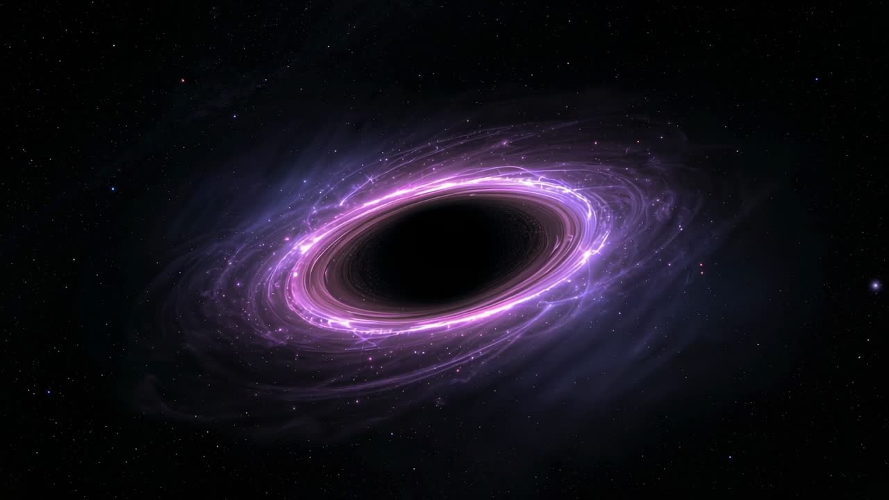 At start rippling purple accretion disk orbiting black hole in space, with plasma filaments