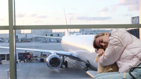 a young woman in a pink jacket rests her head on her arms while waiting for a flight, with a parked airplane outside the window