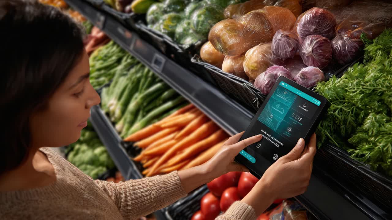 A shopper glances at a digital tablet while exploring a vibrant grocery aisle filled with fresh vegetables, showcasing a modern approach to grocery management and selection