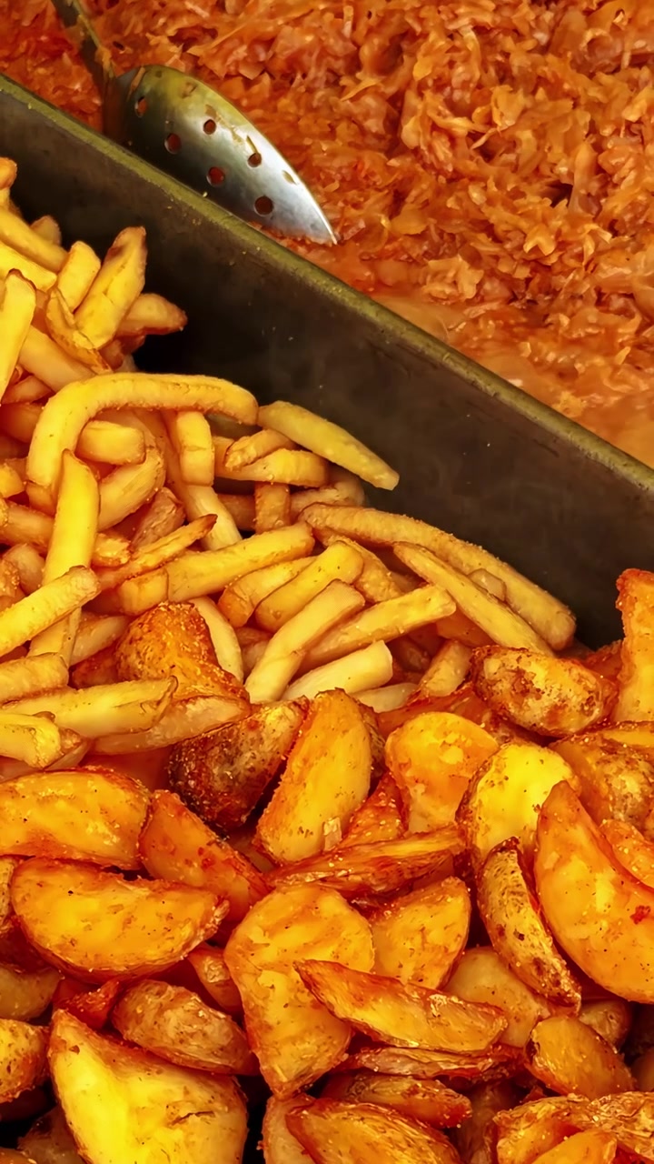 Tiras crujientes fritas y carne cocida dorada en bandejas de servir
