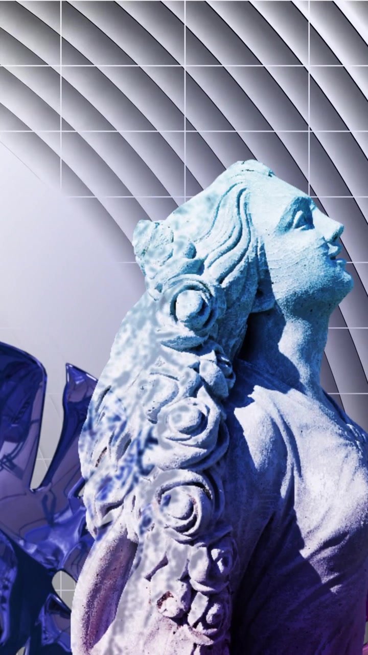 Forme geometriche astratte e animazione a griglia su statua con ali colorate