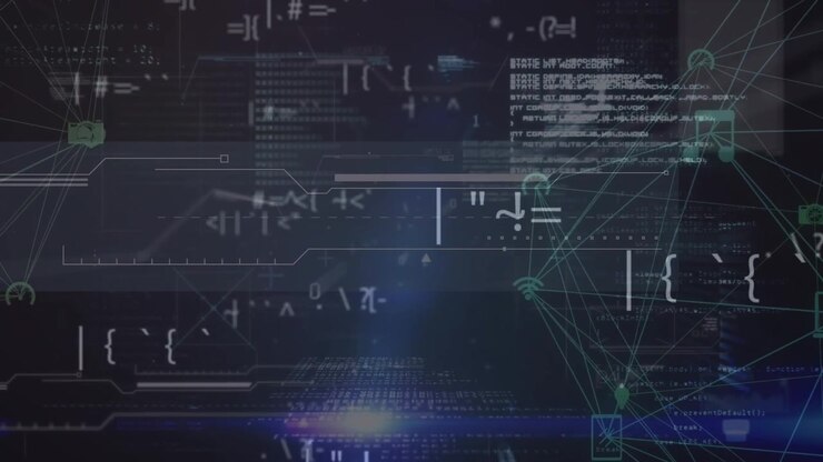 Animation of connected dots forming globes, binary code, symbols and programming language