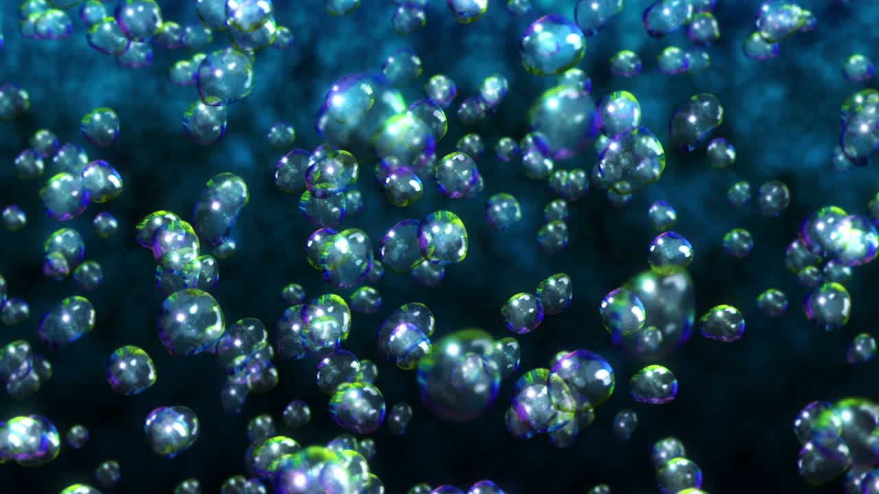 Flying many water drops on black background. Pure droplets. Transparent surface. 3D animation of air bubbles rotating. Loop animation.