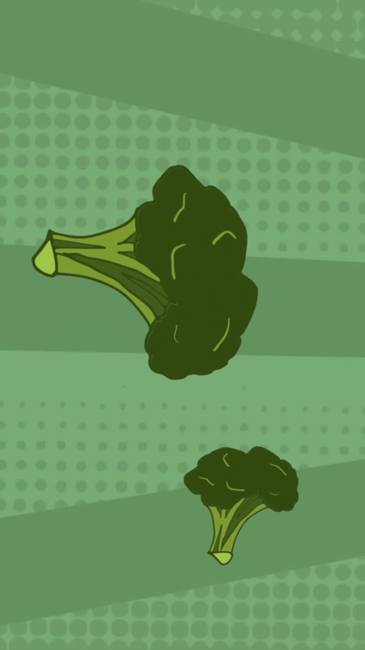 Animazione di broccoli che cadono su sfondo verde