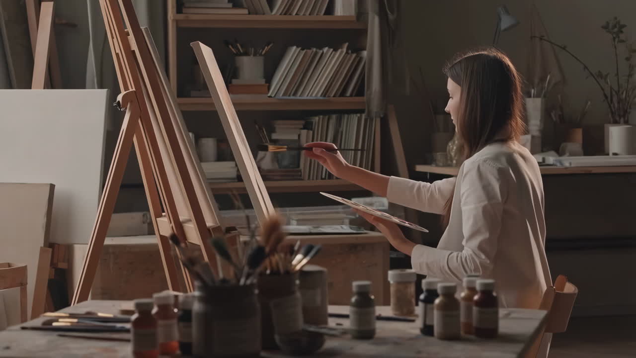 Young woman painting on an easel in an art studio