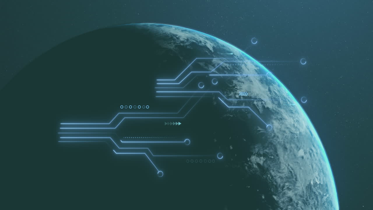 Animation of illuminated circuit board pattern over globe against space in background