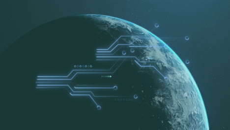 animation of illuminated circuit board pattern over globe against space in background