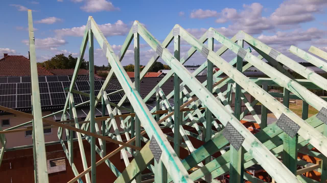 Drone video of wooden roof trusses during home construction