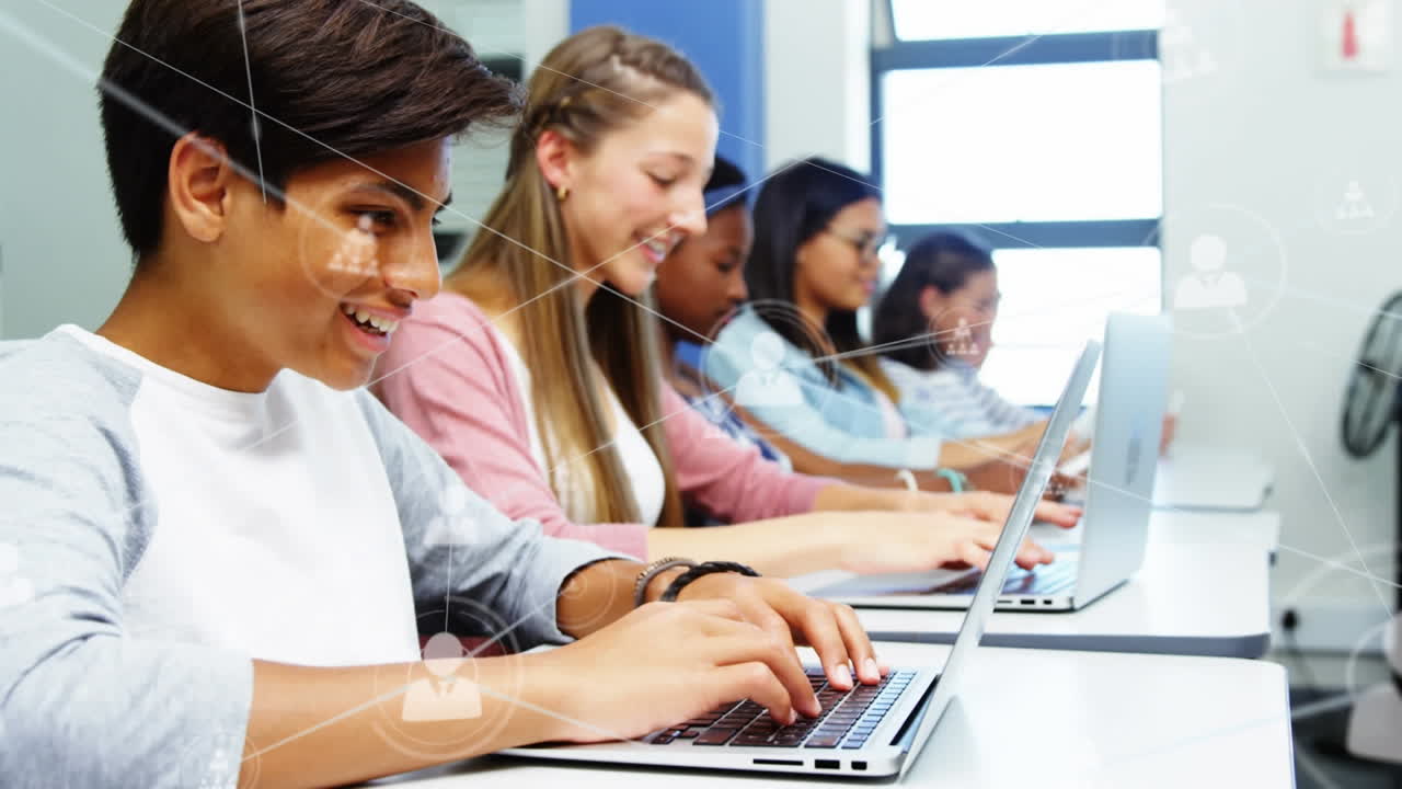 animación de la red de conexiones con iconos sobre los estudiantes en la escuela