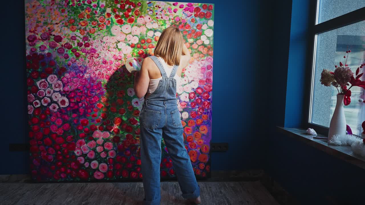Mulher jovem pintando uma grande tela floral vibrante