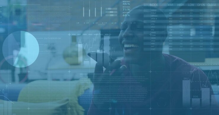 Animation of financial data processing over african american businessman using smartphone