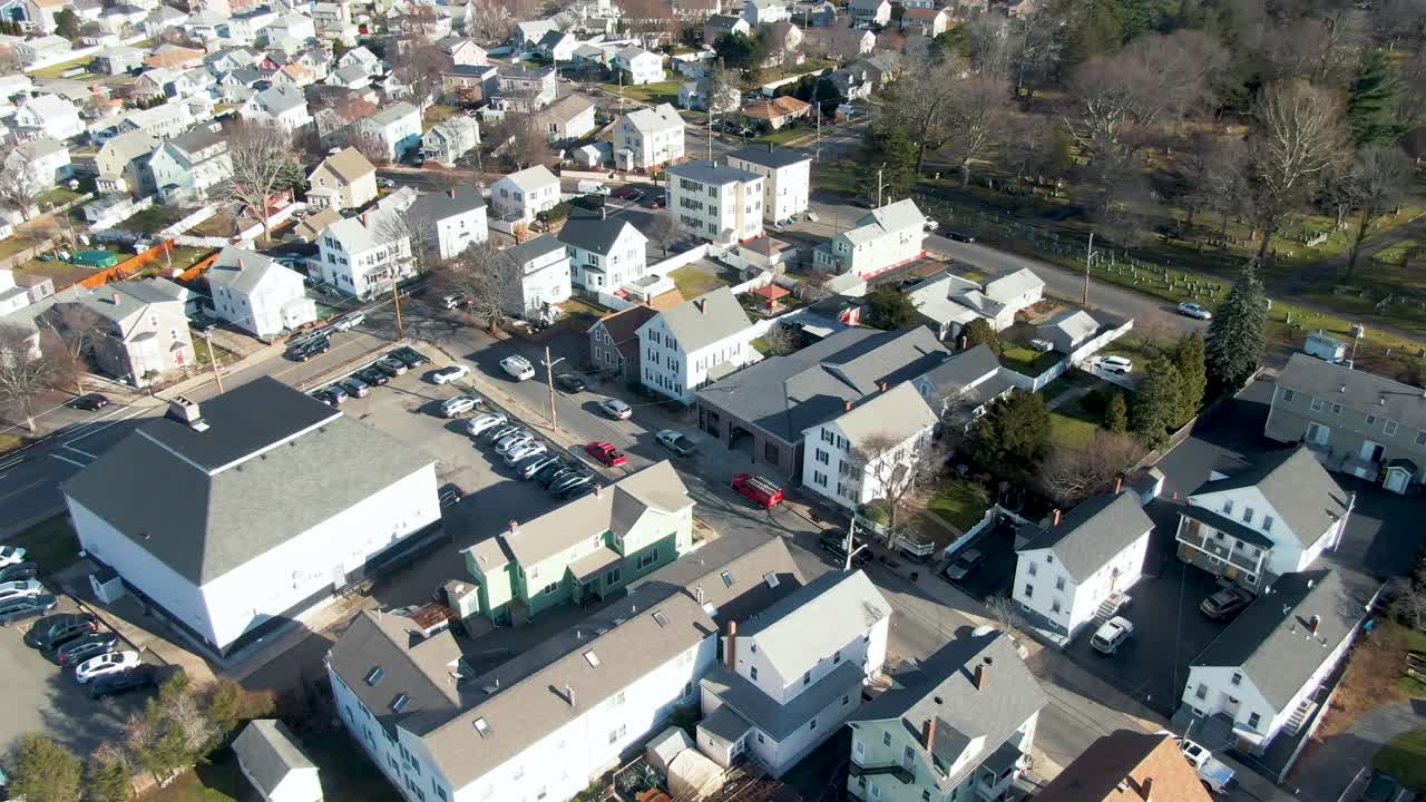 Panoramic aerial of suburban real estate in East Coast, USA township, Peabody