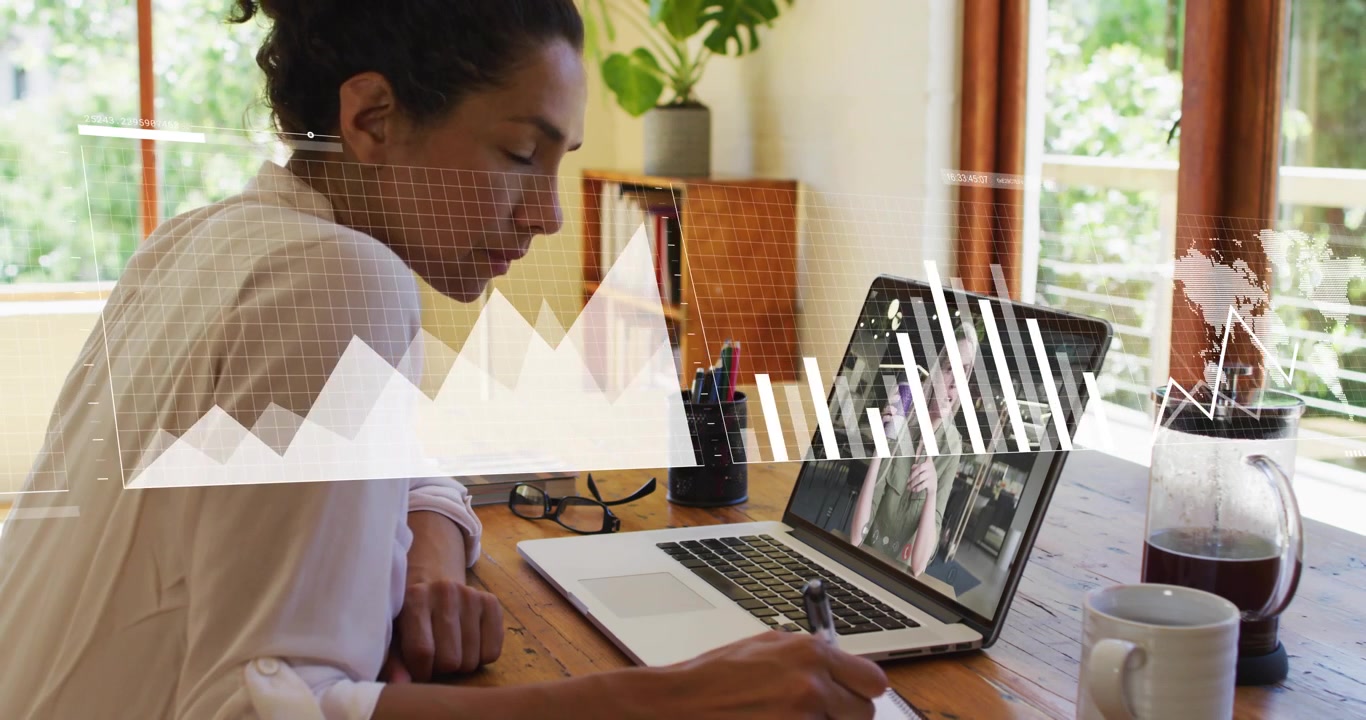 Woman clicking laptop joining IT meeting and writing as line graph unfolding for live data analysis