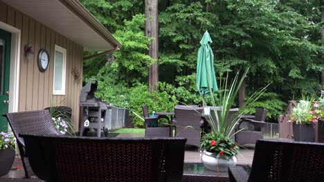 Woodland-porch-after-a-storm,-light-rain