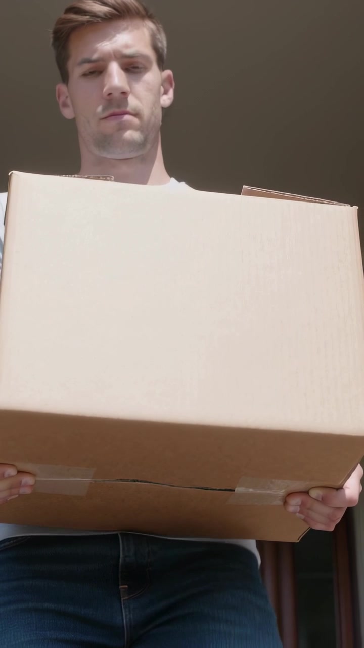 Video vertical: Hombre con camiseta y jeans acercándose, sosteniendo una caja en la puerta bajo una luz empotrada, entregando