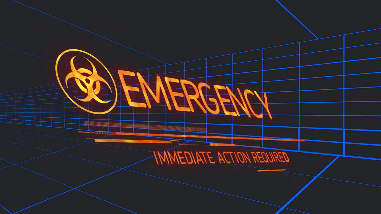 Biohazard symbol with Immediate Action Required text in emergency alert animation