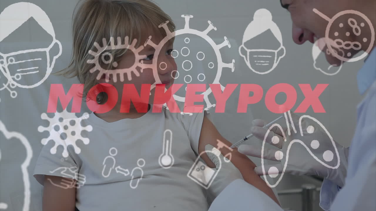 원이 천연두의 애니메이션과 백인 여성 의사가 소년을 예방 접종하는 아이콘