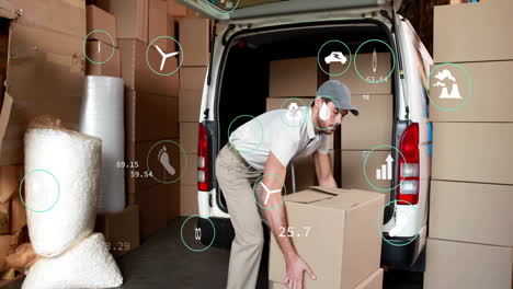 animation of data processing and ecology icons over caucasian male deliverer packing car