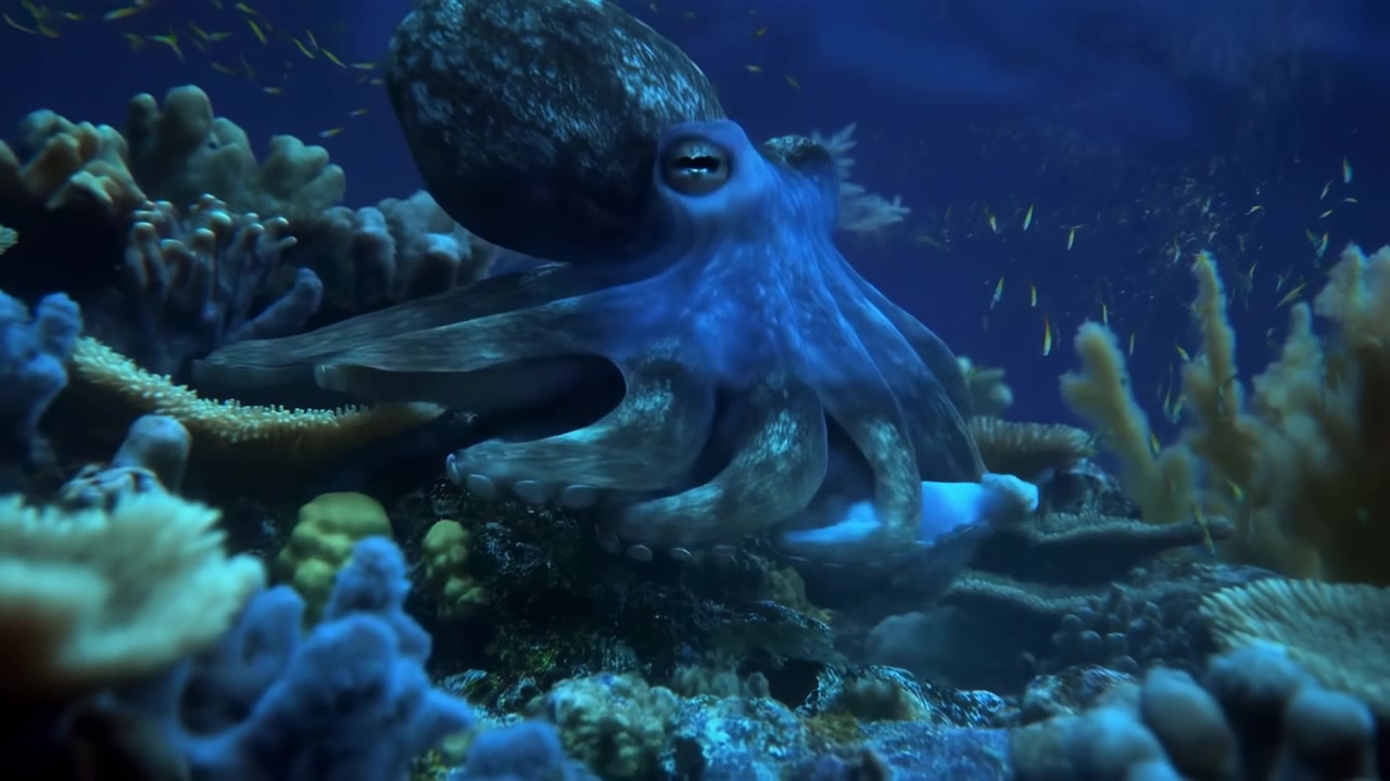 Octopus resting on rocky coral substrate with multiple arms spread wide and one arm slightly raised, visible suction cups catching soft blue light, mottled skin blending with reef textures, calm