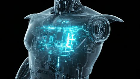 a futuristic transparent robot displaying intricate circuitry and advanced technology, highlighting the intersection of robotics and modern innovation