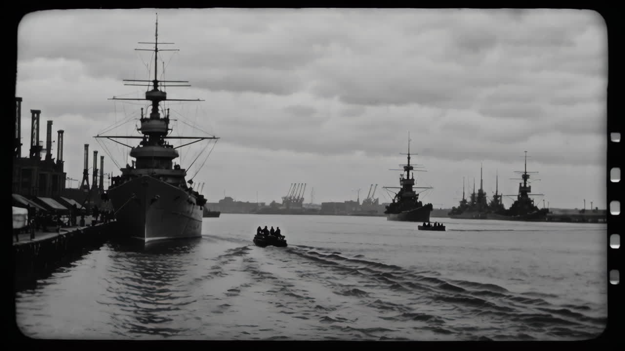 Historical Warships in a Harbor