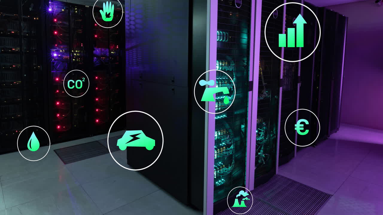 animación de iconos de tecnología verde que se mueven sobre bastidores de servidores de datos