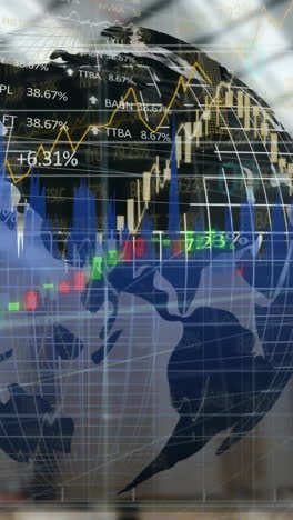 animation of statistics processing with globe over warehouse in background